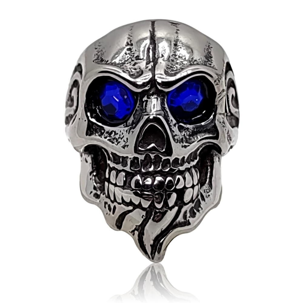 Gothic Punk Biker Blue Eye Flame Skull Ring